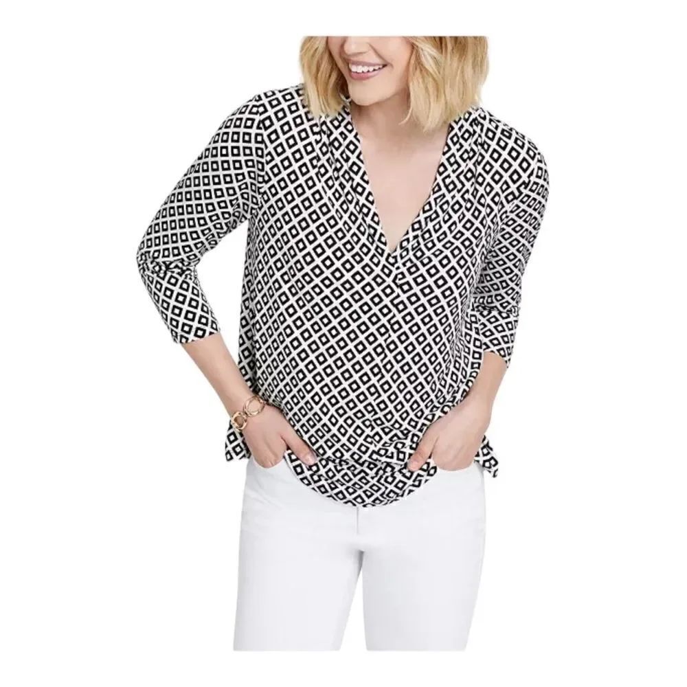 Charter Club Petite Geometric Cloud Combo Print V-Neck Top White Black Small NWT